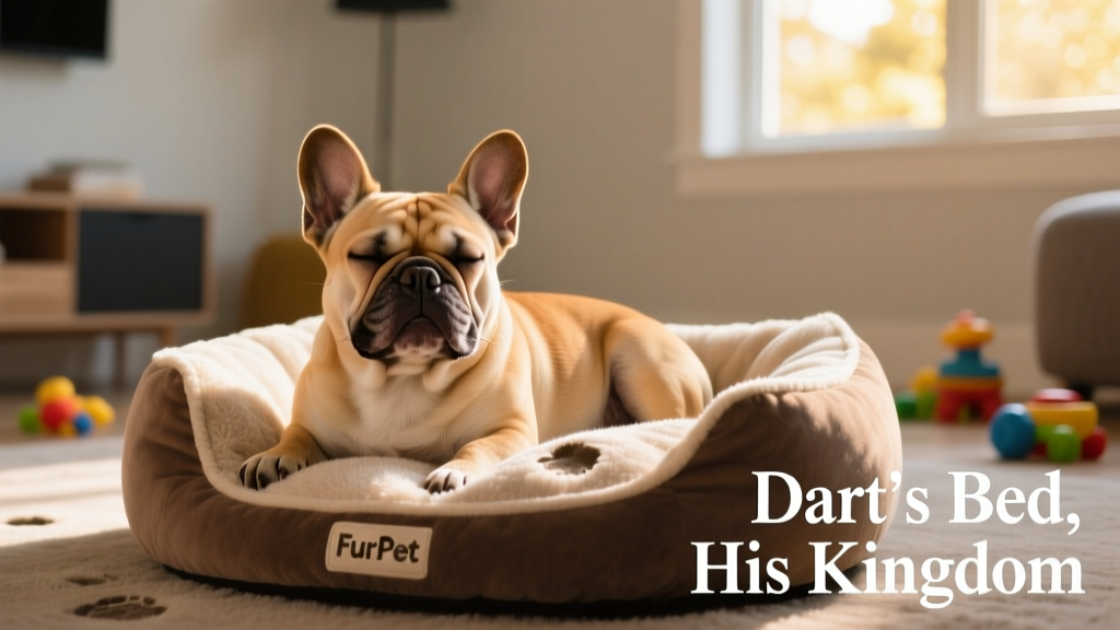 Dart resting peacefully in his FurPetVo bed after the toddler has moved on, looking content and slightly smug
