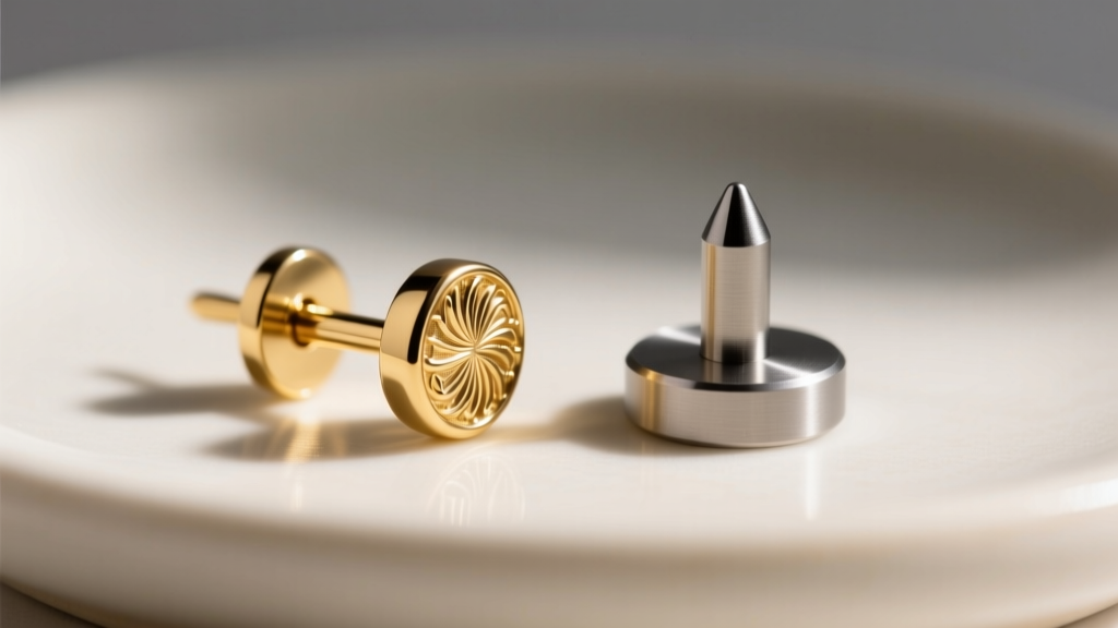 Macro shot of a 20-gauge gold-plated fashion earring post beside an implant-grade titanium flat back labret for size comparison.