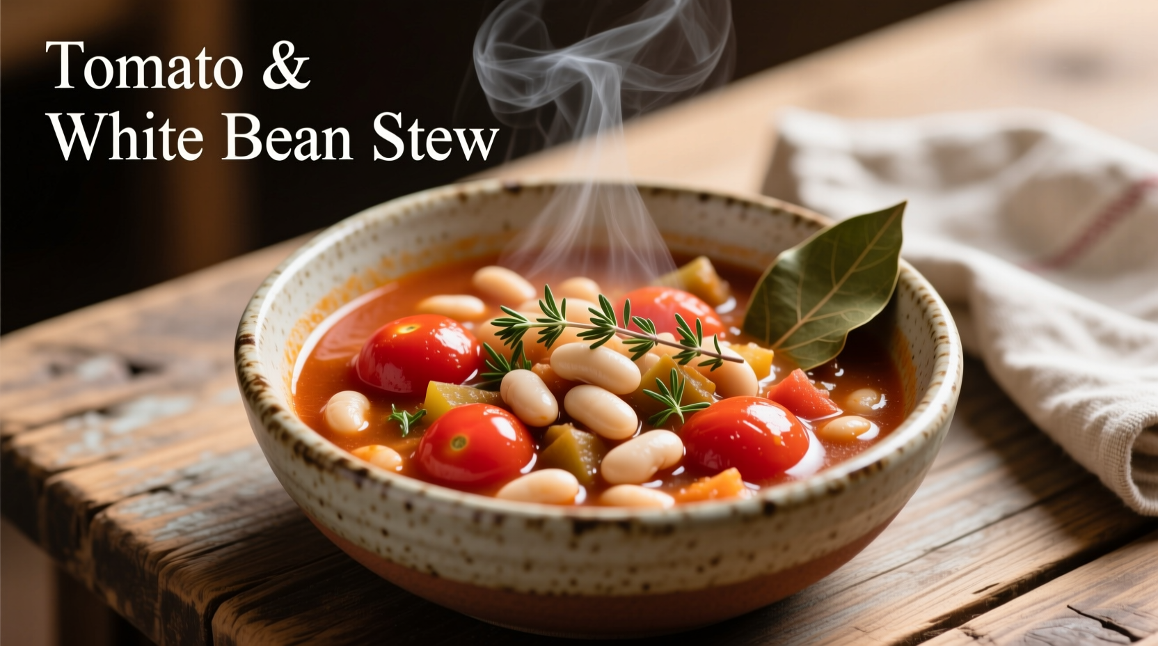 Tomato and white bean stew in ceramic bowl