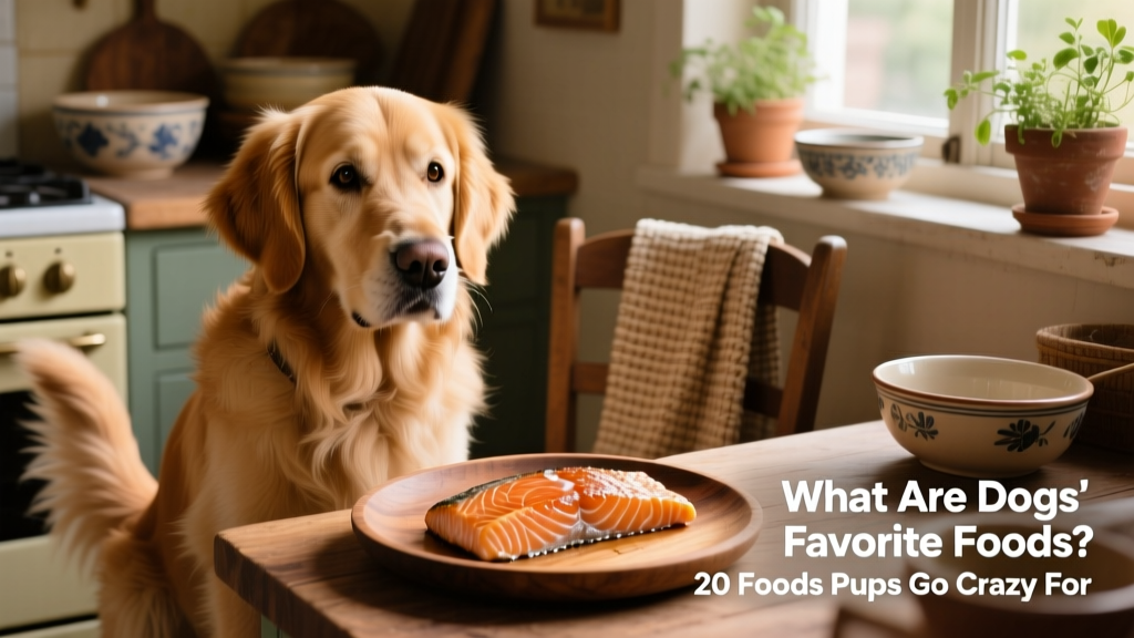 A dog sitting patiently beside a plate of cooked salmon