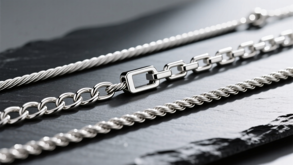 Macro photography showing three different sterling silver chain styles, cable, box, and rope, laid parallel on a dark slate surface.