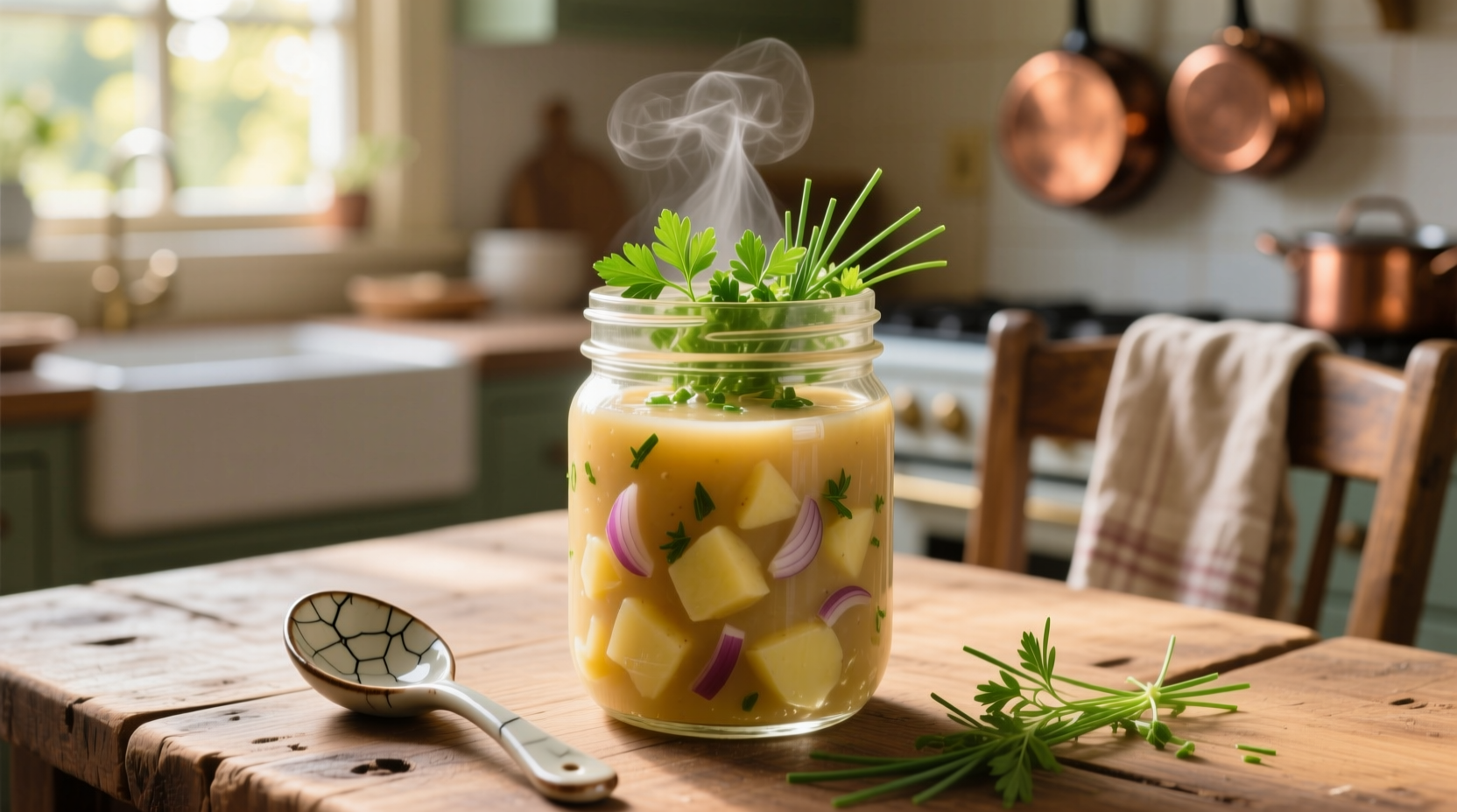 Homemade potato soup in glass container with fresh herbs