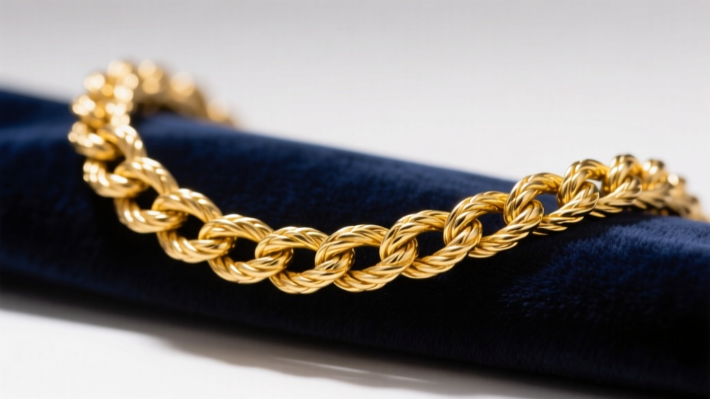Macro view of 14k gold rope chain on velvet, showing twisted links and bright, tarnish-free yellow finish under soft studio lighting