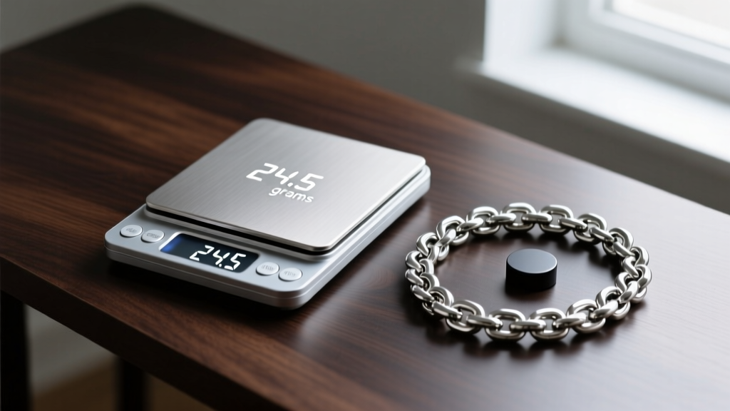 Digital scale showing 24.5 grams next to a thick sterling silver Cuban chain and a small neodymium magnet on a dark wooden desk.
