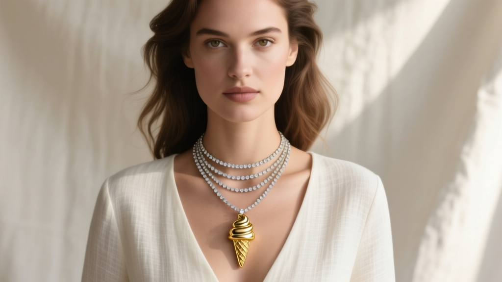 Model wearing a layered necklace stack with a 14k gold ice cream pendant and delicate diamond chain against a neutral linen top