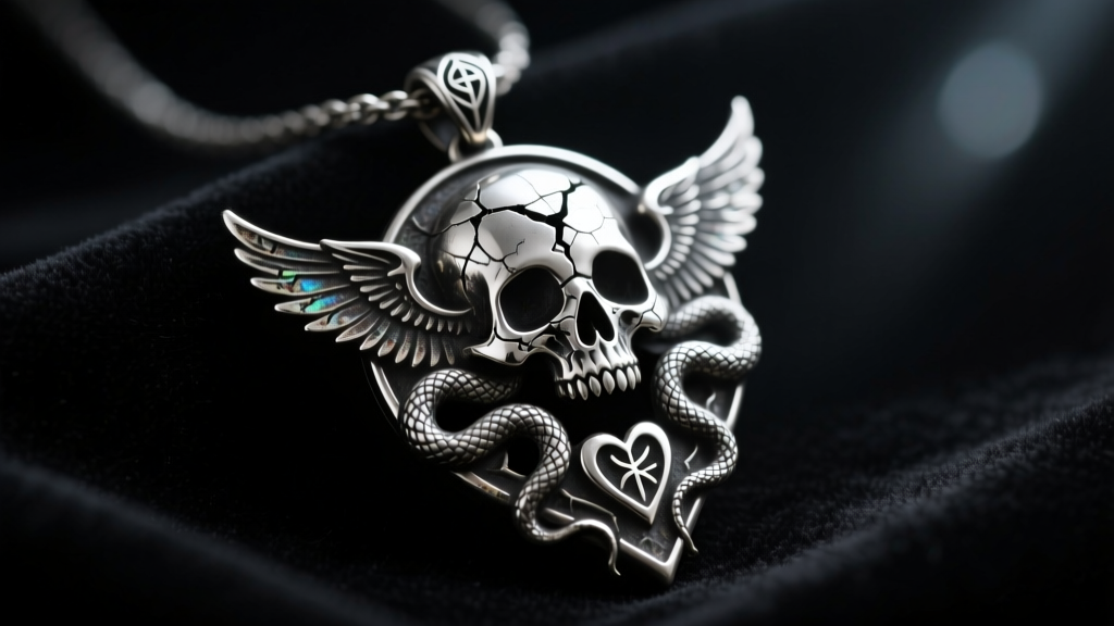 Oxidized silver soul devour pendant on dark velvet, showing macabre fantasy motifs lit by moody, dramatic lighting