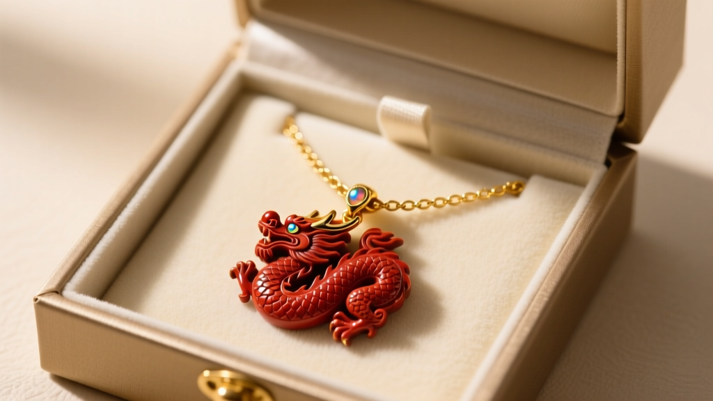 Elegant gift box open to reveal a vintage gold chain necklace with a carved cinnabar lacquer dragon pendant under warm lighting.
