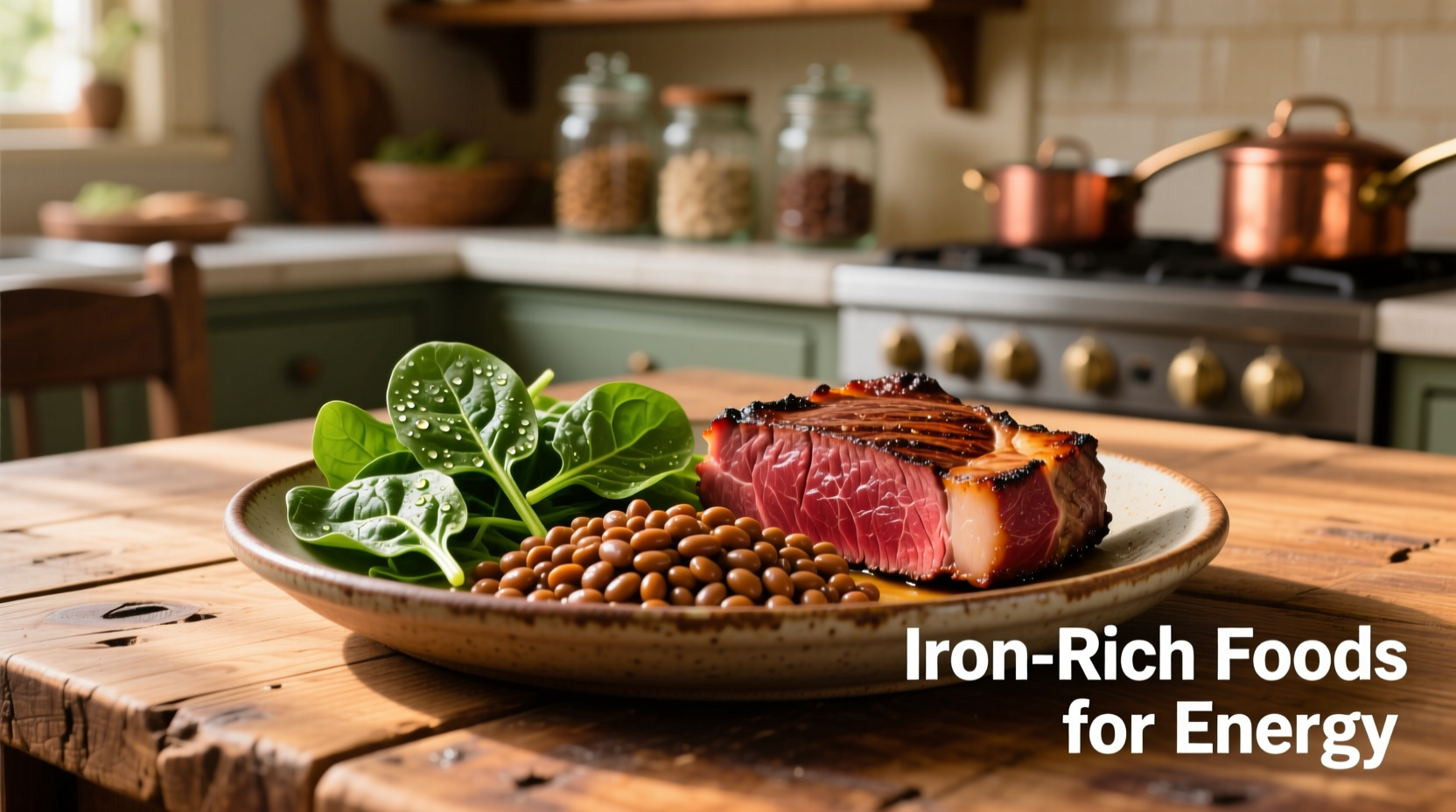Iron-rich foods including spinach, lentils, and red meat arranged on wooden table