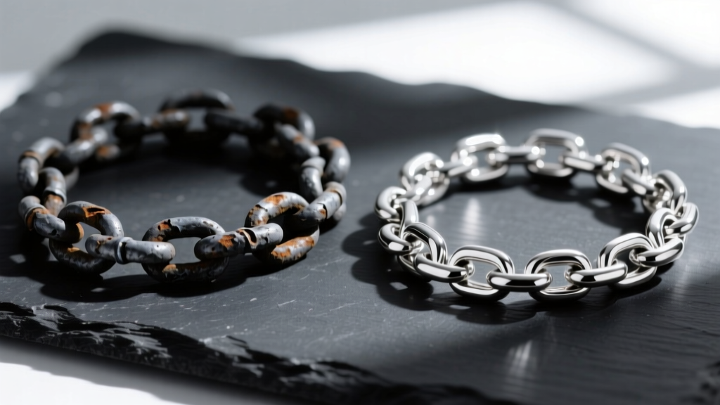 View of a heavily tarnished silver chain next to a brilliantly polished sterling silver chain resting on a dark slate surface.