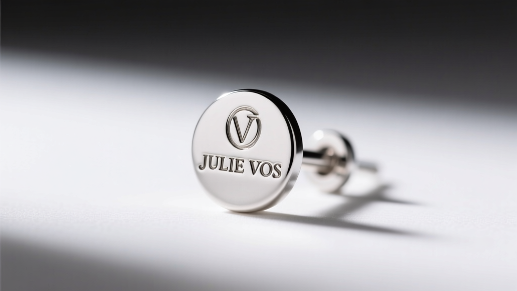 Macro photography of the JULIE VOS hallmark stamped on the flat back of a sterling silver earring post under soft studio lighting.