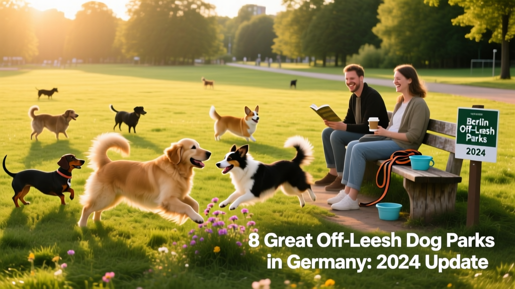 A sunny, open grassy field with dogs playing and owners relaxing on benches at an off-leash dog park in Berlin