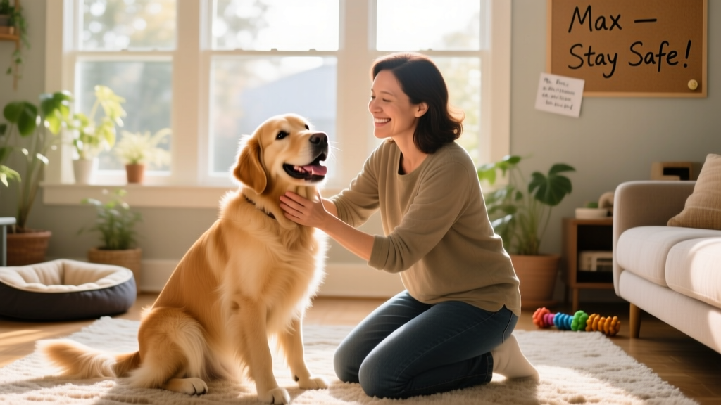 A friendly pet sitter kneeling beside a happy dog in a sunlit living room, gently scratching behind its ears