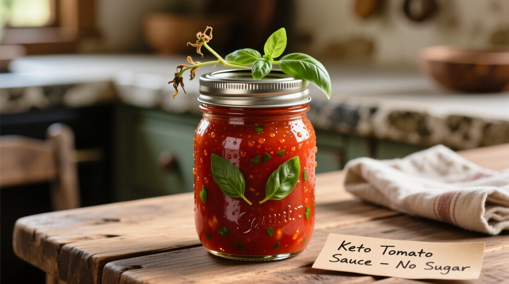 Homemade keto tomato sauce in mason jar with fresh basil