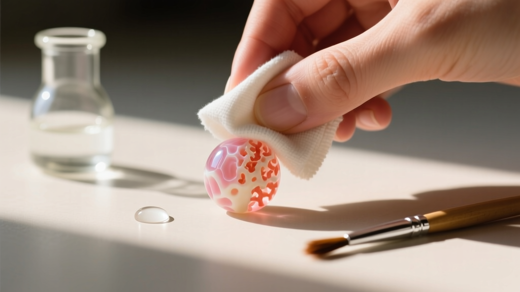 Hands gently wiping an 8mm Mediterranean coral bead with a microfiber cloth, alongside distilled water and a soft brush.