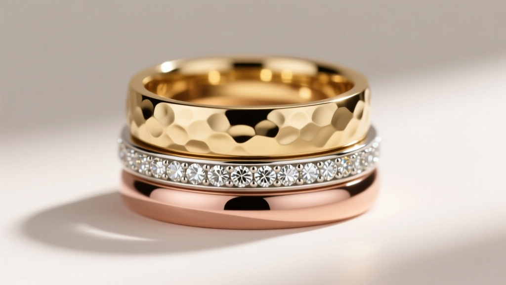 Macro shot of three stacked rings: a hammered 18k gold band, a pavé diamond platinum ring, and a smooth rose gold midi ring.