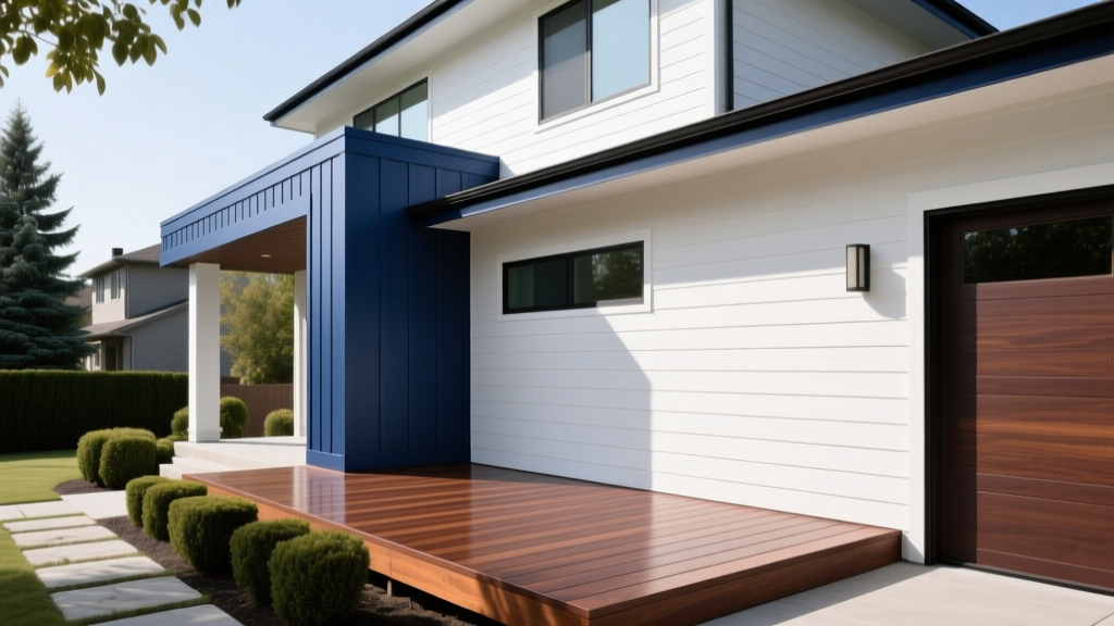 Modern home exterior featuring AZEK cellular PVC trim painted in dark navy contrasting with white siding and a mahogany capped polymer deck