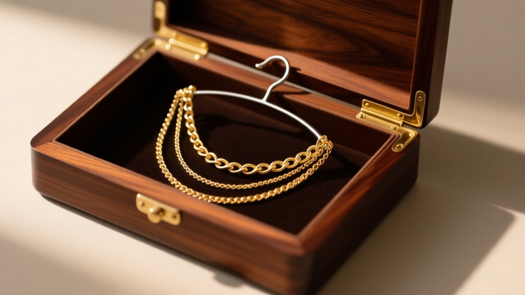 Open mahogany jewelry box with necklace hanger displaying untangled gold chains under soft warm lighting from a top-down angle.