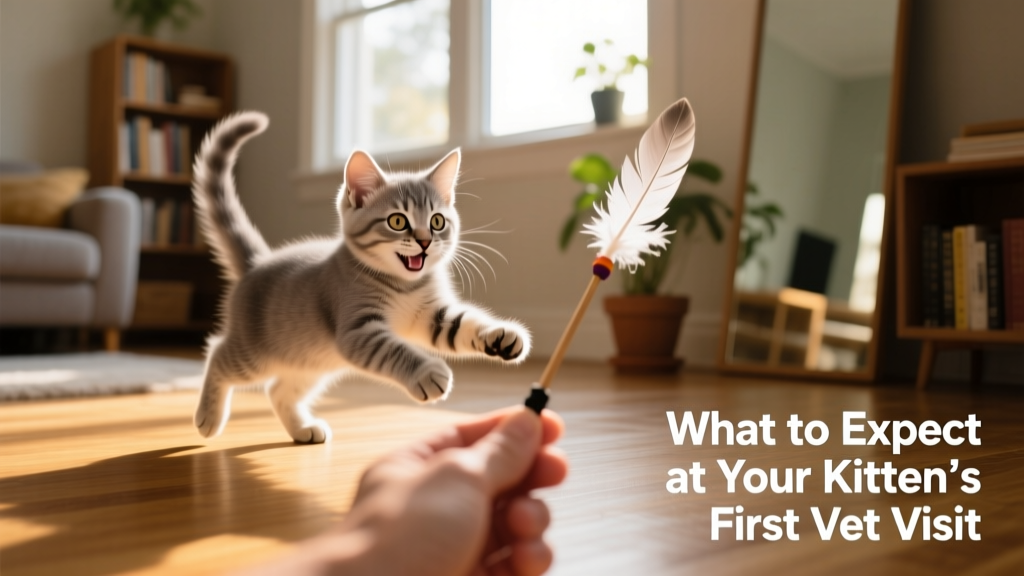 A happy, playful kitten interacting with a feather wand toy while a human hand holds it gently nearby