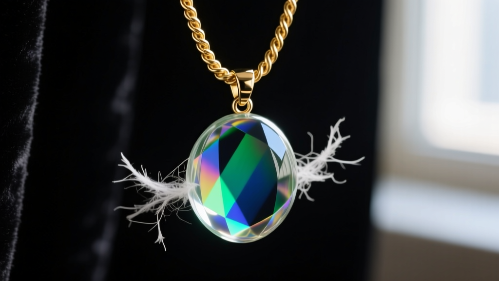 Close-up of a glowing dichroic glass pendant with fine white ashes, suspended on a thick gold rope chain against dark velvet.