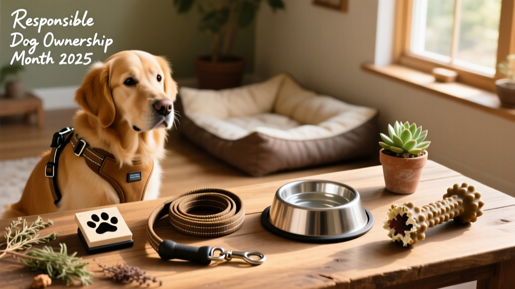 Side-by-side images showing proper dog gear: a well-fitting harness, a sturdy leash, a clean water bowl, and a durable chew toy