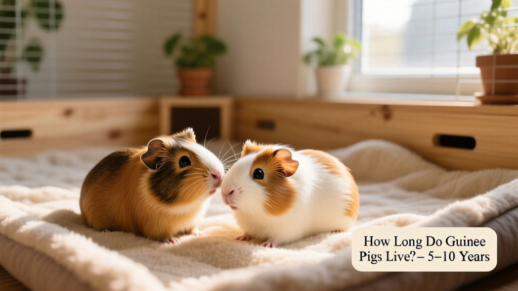 Two guinea pigs grooming each other peacefully on soft fleece bedding in a spacious habitat