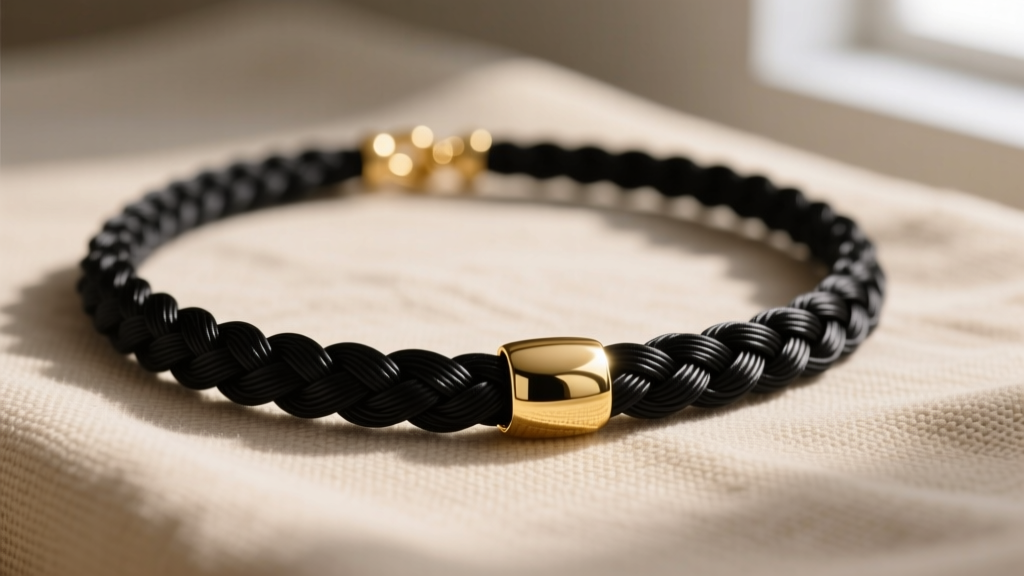 Macro shot of a braided black silk string necklace with a gold clasp resting on textured beige linen in soft natural light