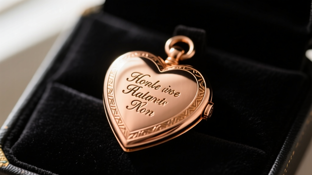 Macro shot of a hand-engraved 18k rose gold heart locket showing deep tactile lettering and subtle patina on dark velvet backdrop