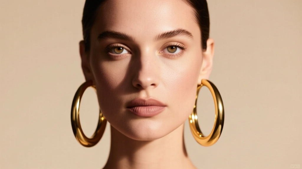 Portrait of a woman with a square jawline wearing large oval gold hoop earrings to elongate her face against a neutral backdrop