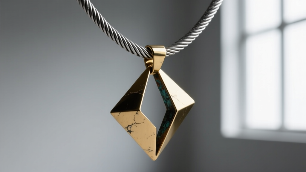Macro photography of a heavy 4mm oxidized sterling silver cable chain connecting to a geometric brass Rick Owens style pendant.