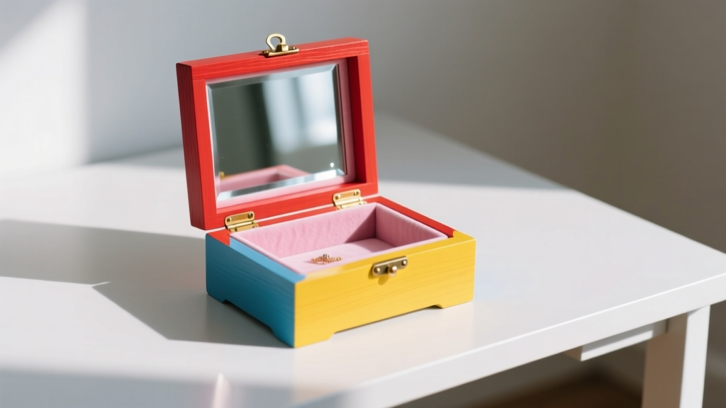 Brightly painted wooden kids jewelry box with lid open, showing mirrored interior and pink felt lining on a clean white desk.