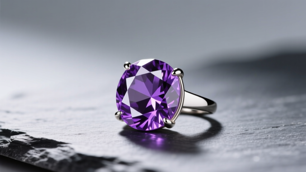 Faceted purple sapphire pendant in white gold on slate, lit by studio lighting to show the violet gemstone's brilliance.