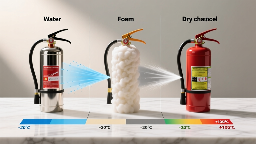 Comparison chart showing discharge ranges and temperature ratings for water, foam, and dry chemical extinguishers