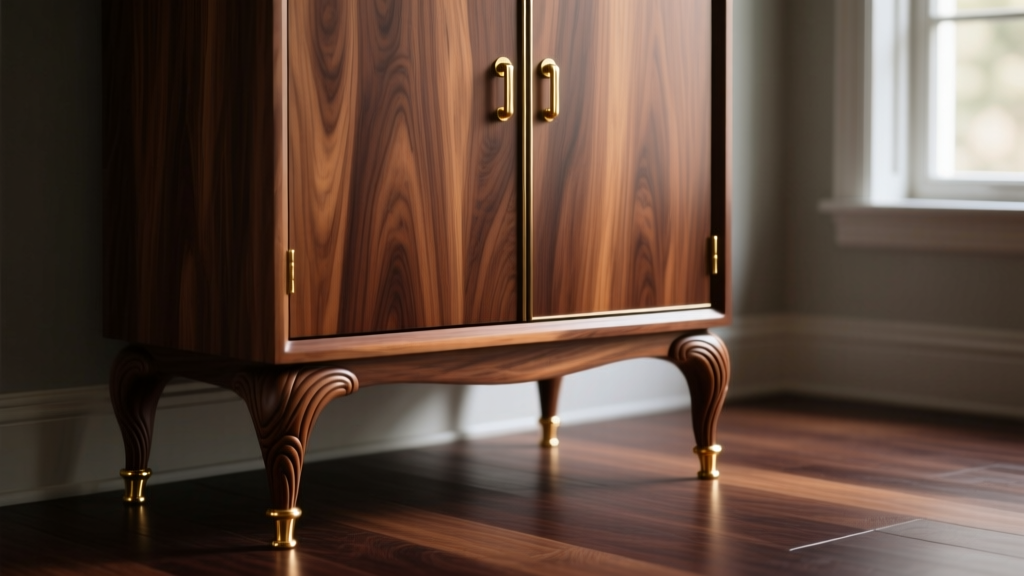 Close-up of a solid walnut jewelry armoire featuring turned cabriole legs with brass ferrules resting on a dark oak floor