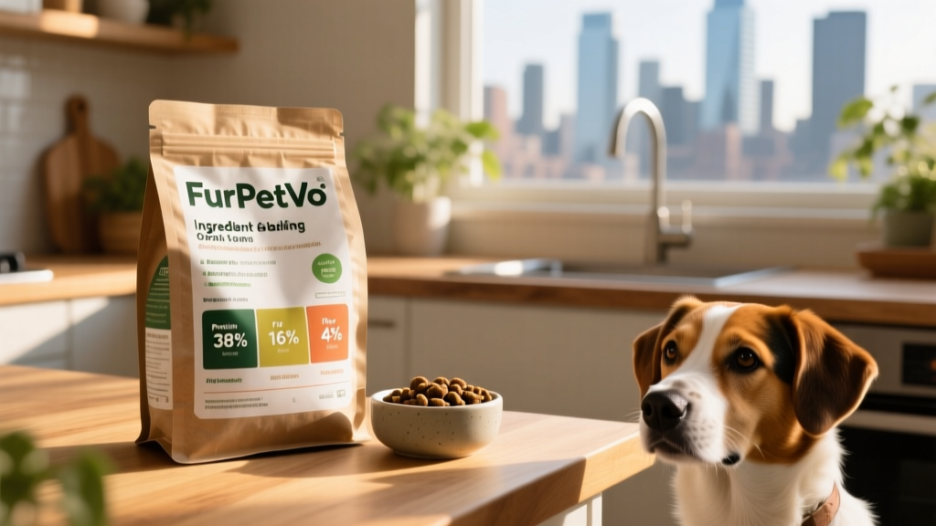 Close-up of FurPetVo’s transparent ingredient labeling on a bag of grain-free dog food, highlighting traceability and nutritional analysis