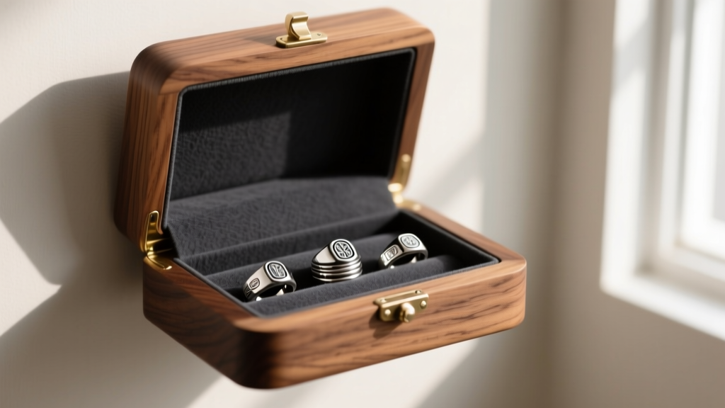 Walnut wall hanging jewelry box interior lined with charcoal anti-tarnish cloth, holding neatly stacked silver signet rings.