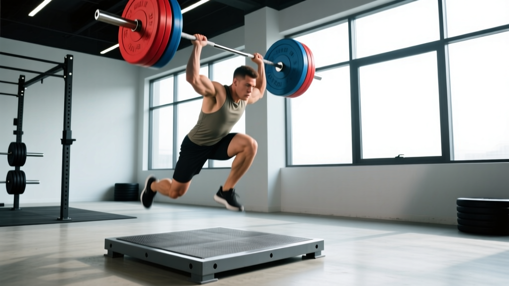 Athlete dropping solid rubber bumper plates from overhead onto a reinforced lifting platform in a commercial gym