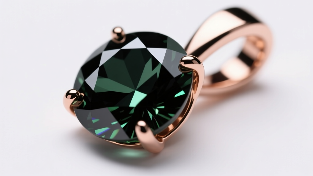 Macro shot of treated black diamond pendant in rose gold prong setting, showing deep greenish-black hues under bright studio light