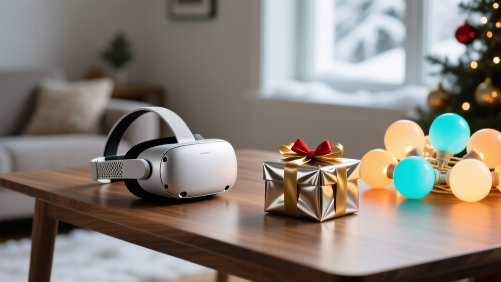 A festive holiday desk setup featuring glowing smart lights, a sleek VR headset, and a wrapped gadget box for a modern tech gift guide.