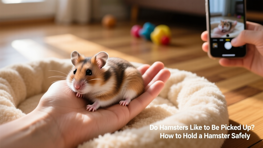 A calm Syrian hamster sitting gently on an open palm, surrounded by soft bedding