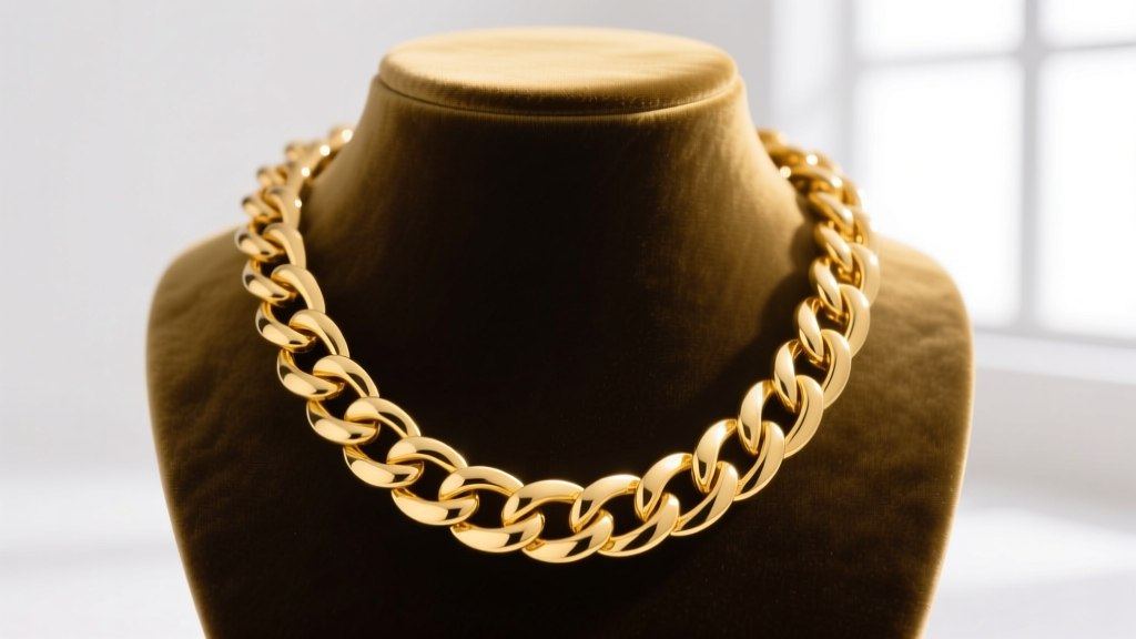 A 20 lb solid 14k yellow gold Cuban link chain necklace resting on a reinforced velvet bust, highlighting thick interlocking links