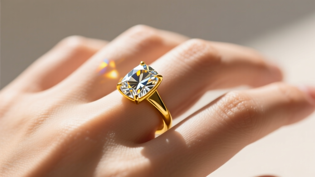 Close-up of a hand wearing a 3-ct elongated cushion moissanite ring in a yellow gold bezel setting under bright natural sunlight.