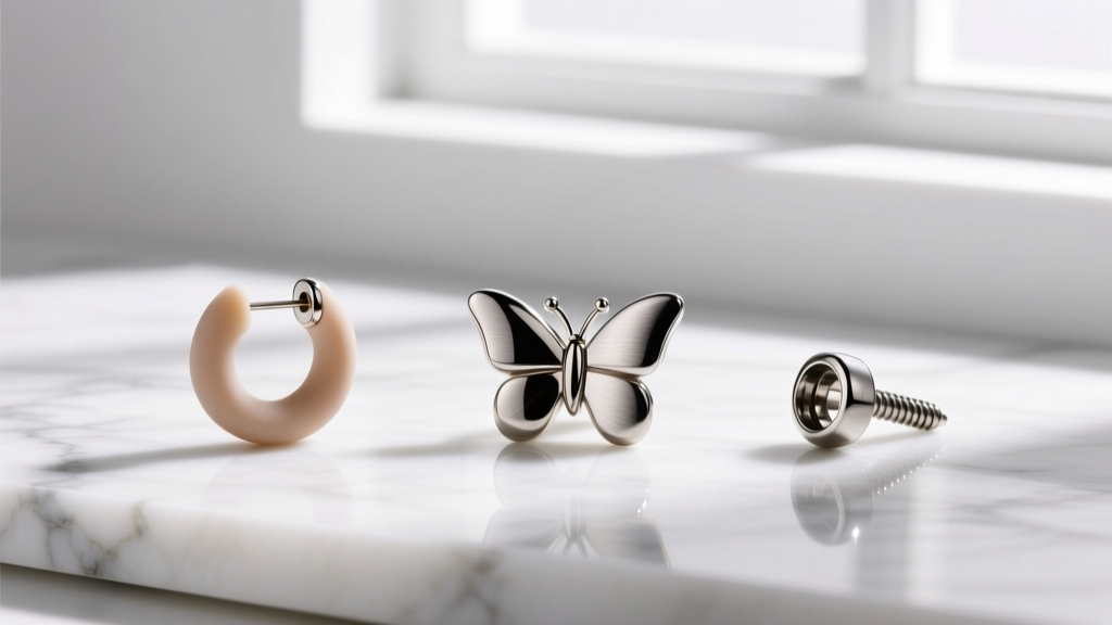 Silicone earring back, steel butterfly clutch, and titanium screw back displayed side-by-side on a white marble surface.
