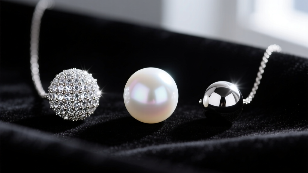 Three Cape Cod necklace beads: a white pearl, a pavé ball, and a classic polished silver bead resting on dark velvet fabric