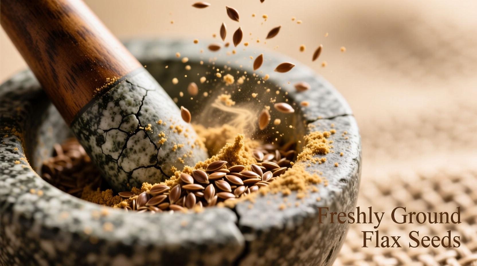 Freshly ground flax seeds in mortar and pestle
