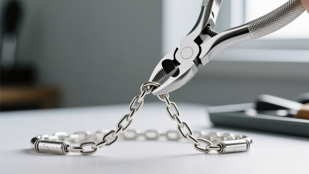 Macro view of a sterling silver box chain being repaired with metal sleeves, held tightly by precision chain-nose jewelry pliers.