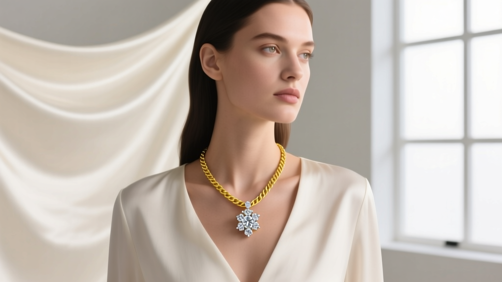 A model wearing a 1.5 carat diamond cluster pendant on a delicate 18-inch 14k yellow gold cable chain against a silk blouse