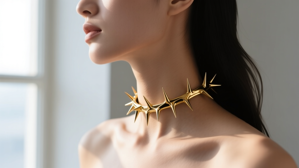 Side profile of a model wearing a gold choker with blunt-tipped thorn motifs, showing safe skin clearance against the collarbone.