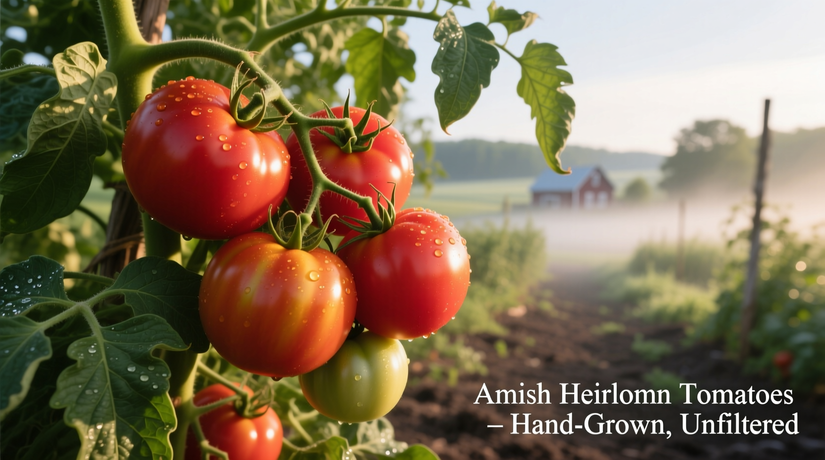 Ripe Amish tomatoes on vine with green leaves