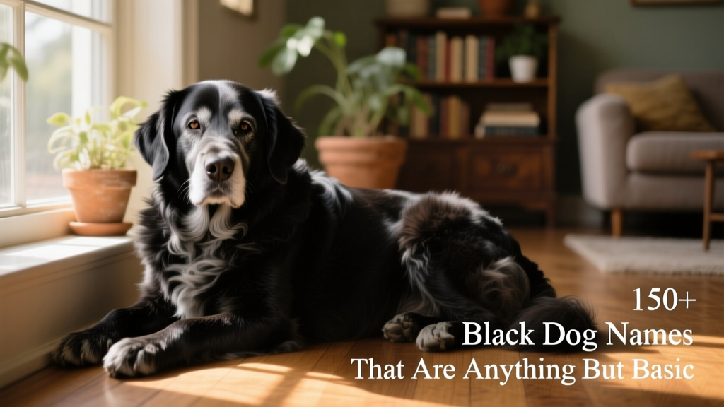 A gentle black senior dog resting peacefully beside a window with soft natural light