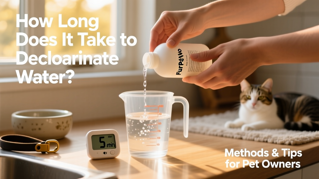 Close-up of hands adding FurPetVo water conditioner drops into a measuring cup of tap water